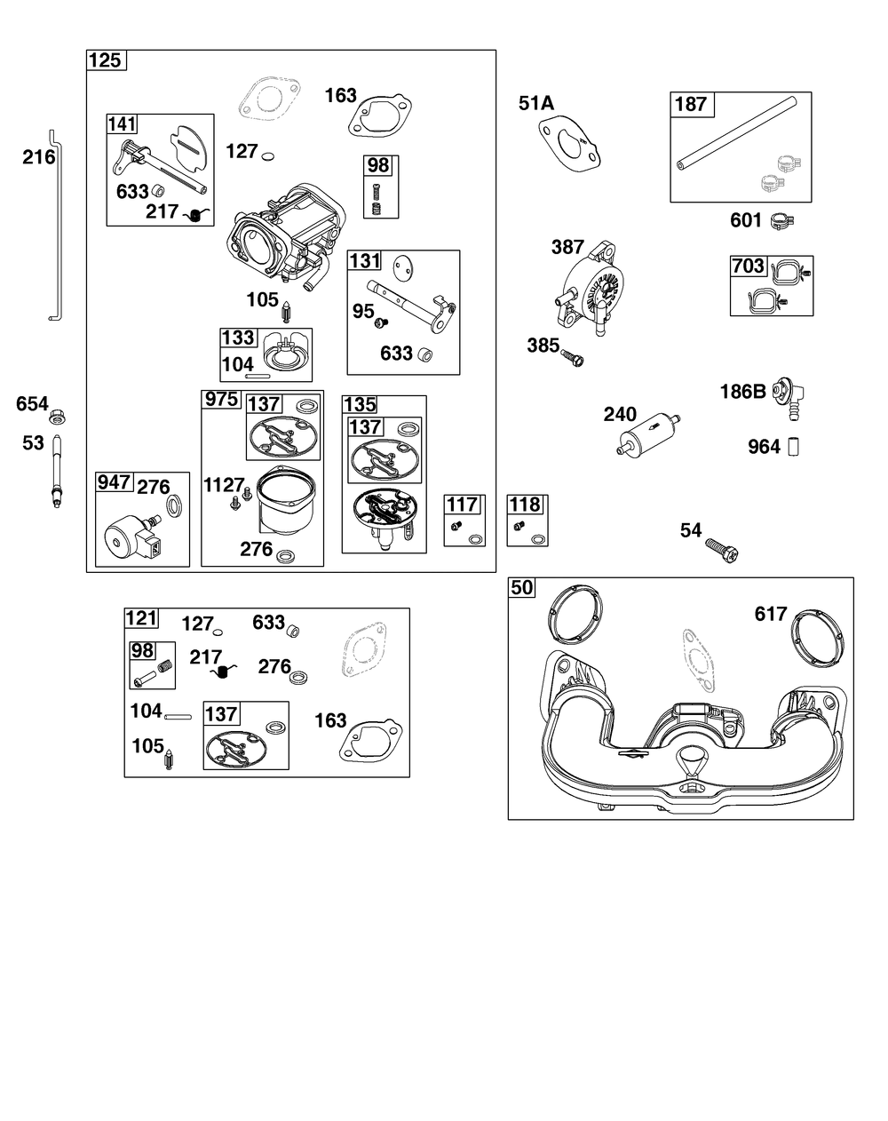 Carburetor And Fuel Supply Group Diagram and Parts List for 44U577-0002-H5 400000 - 699999 Briggs and Stratton Engine